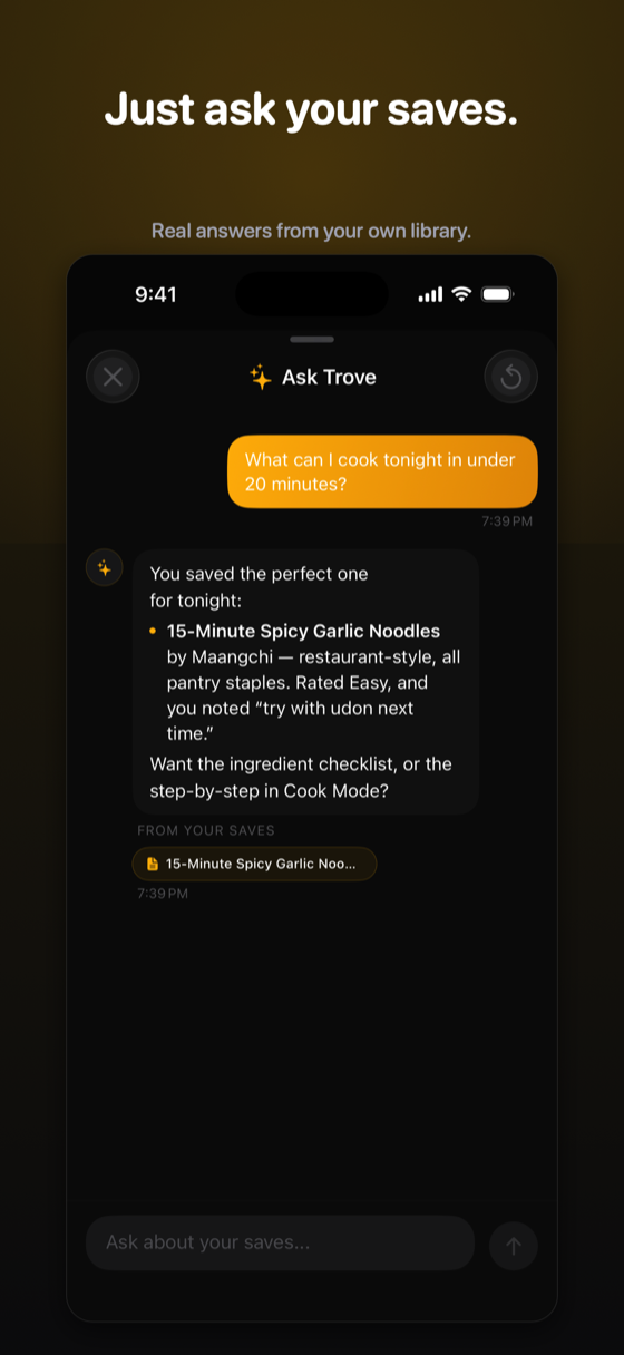 Ask Trove answering a question from the user's own saves with the source cited