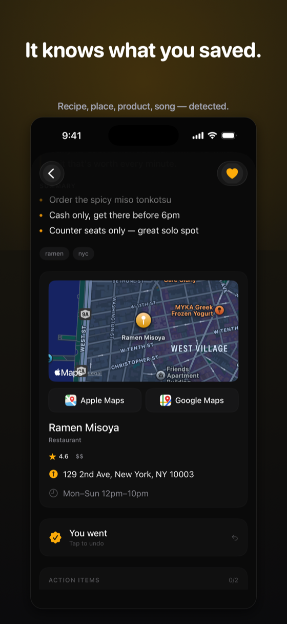 A restaurant detected from a saved video, mapped with address, hours, and directions