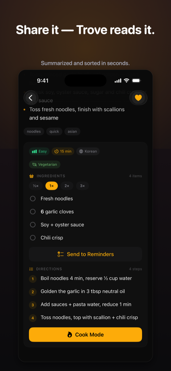 A recipe extracted by Trove from a shared cooking video: detected ingredients with scalable quantities, four numbered directions, and a Cook Mode button